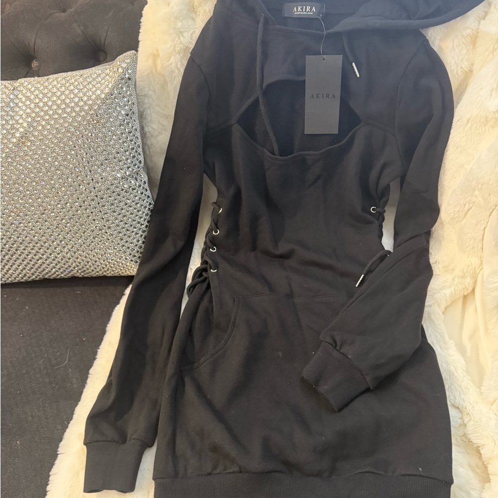 AKIRA Black Lace-Up Hoodie Dress